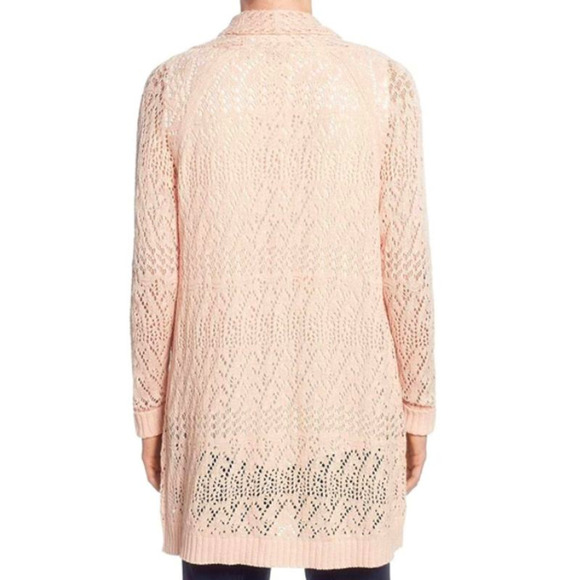 Tahari Long Cardigan SP Shimmer Blush Pink Open Crochet Knit Sweater Chic NWT - Picture 4 of 7